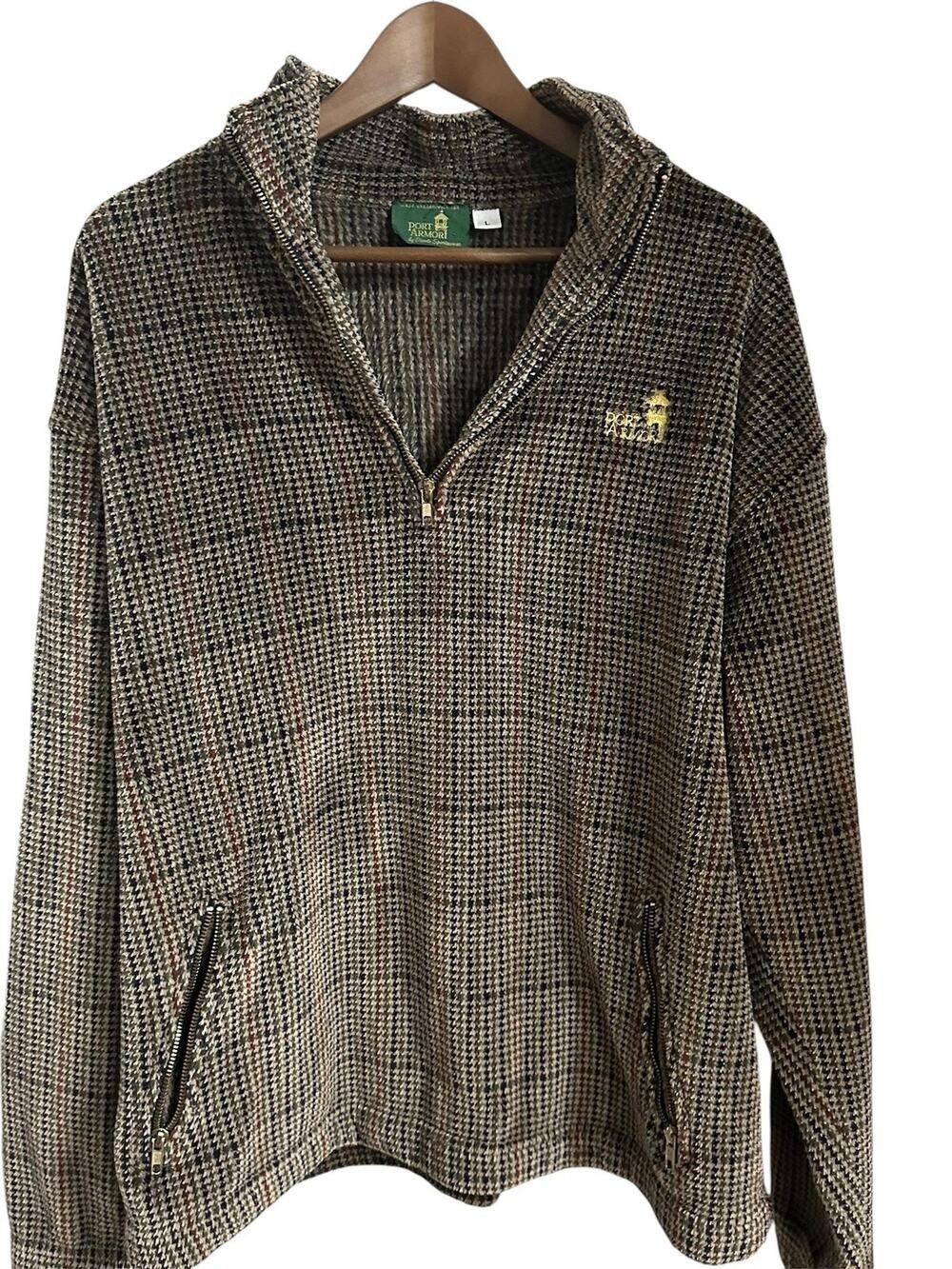 Vintage Port Armor divots Jacket Mens L Brown Check Fleece 1/4 Zip Pockets Golf